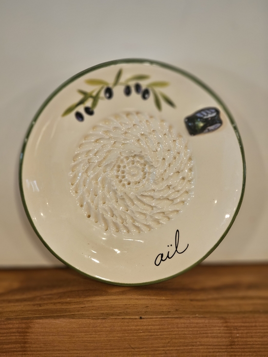 Handmade Other - Vintage French Ceramic Garlic Grater Plate - Olive Branch Motif "Ail"